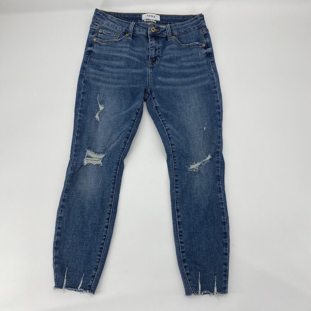 PISTOLA Jeans Blue Distressed Mid-Rise Raw Hem Ankle Skinny Size 28 Stretch